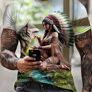 Men's T-Shirt, Indian Maiden with Young Wolf, ,Print is front and back,S&XL